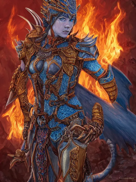 Prompt: full body portrait of a dnd dragon hunter in the intricate thunderous mountains, female, strong, symmetric wings, dragon inspired blue armor, red hair, helmet, pretty, fire, brown skin, high fantasy, detailed face, highly detailed, sharp focus, smooth, digital illustration, by clyde caldwell