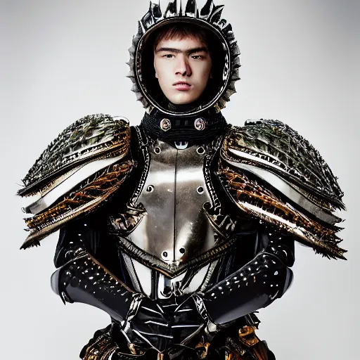 Prompt: a portrait of a beautiful young male wearing an alexander mcqueen armor made of borealis , photographed by andrew thomas huang, artistic