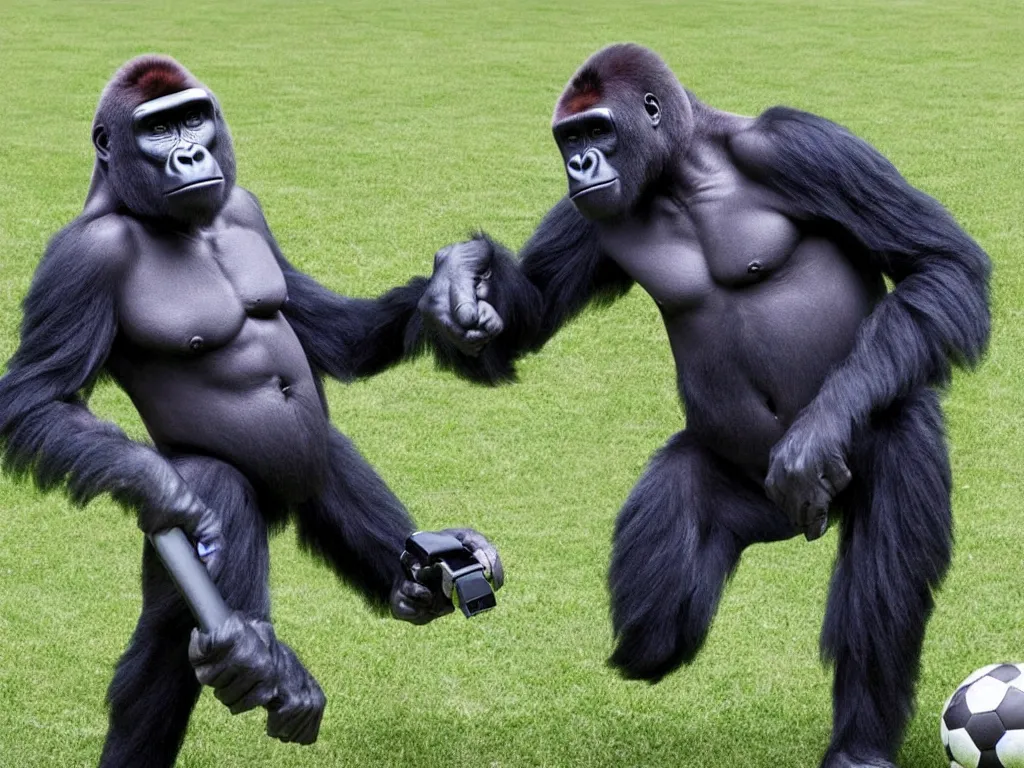 Image similar to gorilla with vr headset playing soccer, vivid