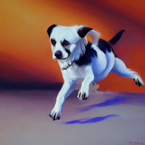 Prompt: a dog running, traditional painting, artstation, optical illusion