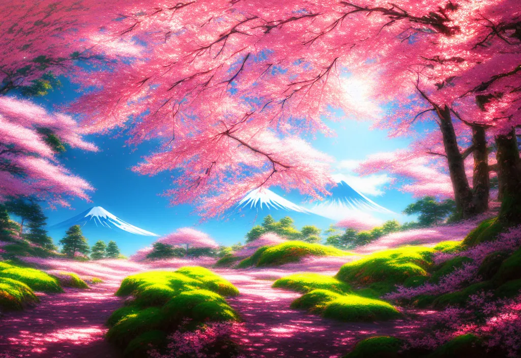 Image similar to a real photographic landscape painting with incomparable reality, wide angle, in forest, flowers, cherry blossom tree in full bloom, bright style, mount fuji, clearing, magnificent, artstation, art by makoto shinkai