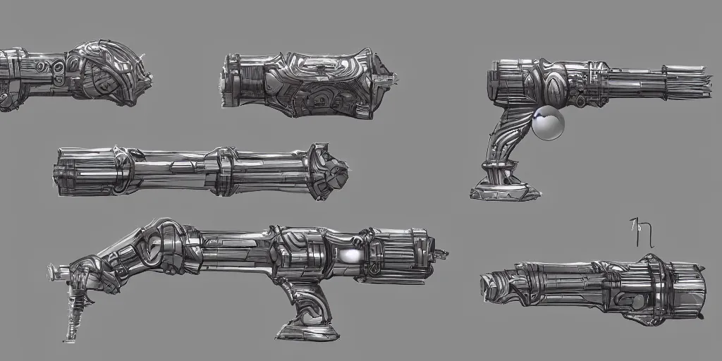 Prompt: top down 2 d concept art sheet of a sci fi alien energy ray gun, thick body, intricate detail, trending on artstation, award winning concept artist, 8 k