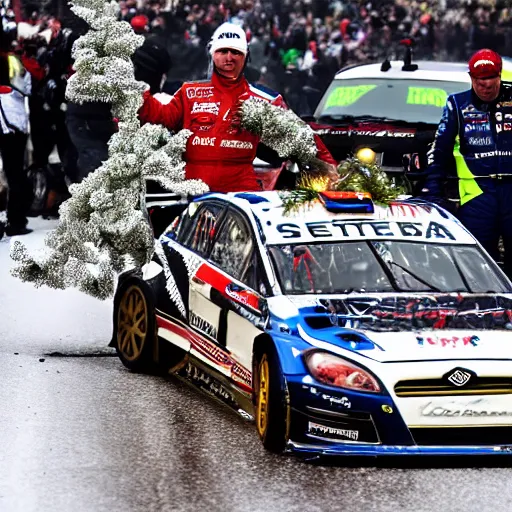 Image similar to Petter Solberg after he crashed into the christmas tree