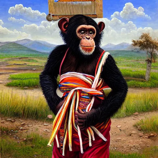 Prompt: beautiful painting by sophie anderson of a chimpanzee wearing traditional men kurdish clothes baggy pants and white shirt with a large sash tied around the waist in a kurdish village, award winning art, insanely detailed, bright colors, global illumination, cute, young, stunning