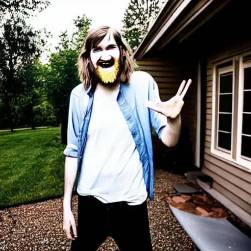 Image similar to bearded long - haired bo burnham outside of his house, smiling and dancing