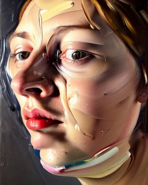 Image similar to a close up portrait a very ordinary young woman with a distracted expression, low angle, facing front, looking up, by Lucian Freud and Jenny Saville, oil painting, anatomically correct, beautiful perfect face, visible brushstrokes, sharp focus, Highly Detailed, Cinematic Lighting, 8k, HD