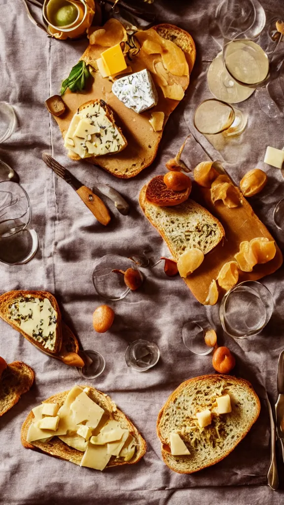 Image similar to 7 0 s food photography of an opulent spread of cheese on toast, on a velvet table cloth, dramatic diffused lighting