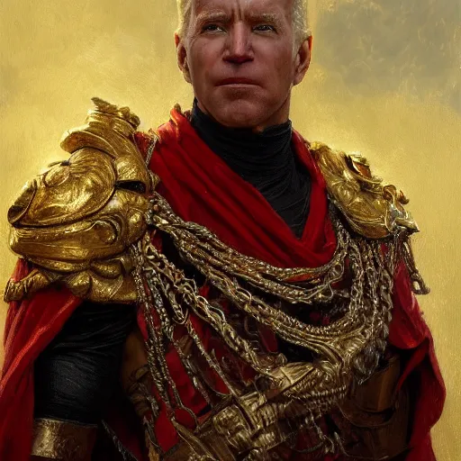 Prompt: detailed realistic cinematic wide shot of beautiful attractive muscular joe biden as roman empreror gold chain wearing royal red clothes slim face symettrical face clean skin black eyes black robe smooth, sharp focus, ultra realistic, spring light, painting by gaston bussiere, craig mullins, j. c. leyendecker