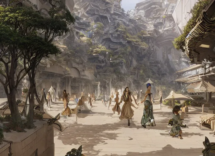 Image similar to A wide open courtyard in a beautiful elven city made of ivory, anime, Singaporean gets nuked and turned into a radioactive wasteland terraces, intricate, elegant, luxurious, digital painting, concept art, smooth, sharp focus, from Star Trek 2021, illustration, by WLOP and Ruan Jia and Mandy Jurgens and William-Adolphe Bouguereau, Artgerm