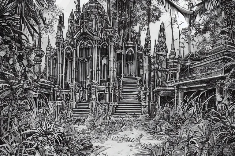 Image similar to stunning ink illustration of a temple complex in a jungle clearing in a fusion of star wars and gothic revival architecture