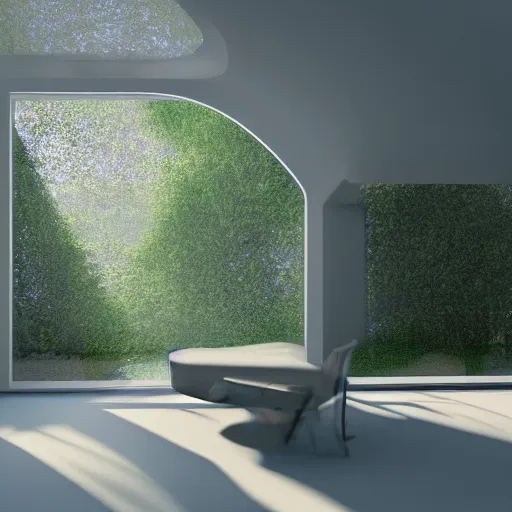 Image similar to futuristic house where nature blends into architecture, beam of light entering from a window, structure merging into the landscape, octane render, 4k