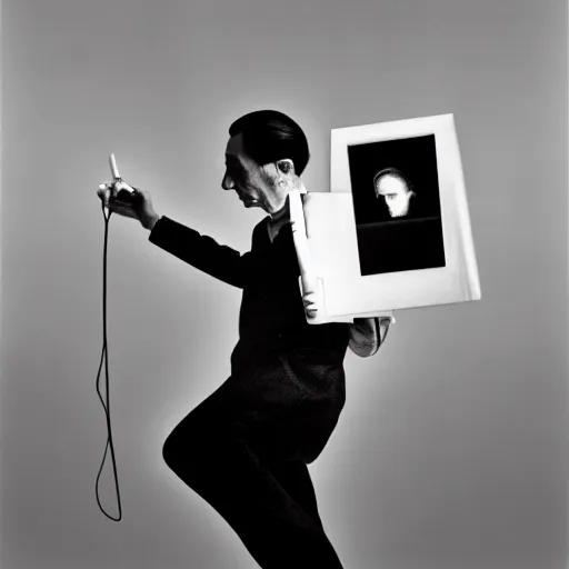 Image similar to a minimalist portrait of Marcel Duchamp holding computer cables in the style of Annie Leibovitz, Irving Penn, Hito Steyerl, Akira Kurosawa, Shinya Tsukamoto, wide angle, monochrome, futuristic tetsuo