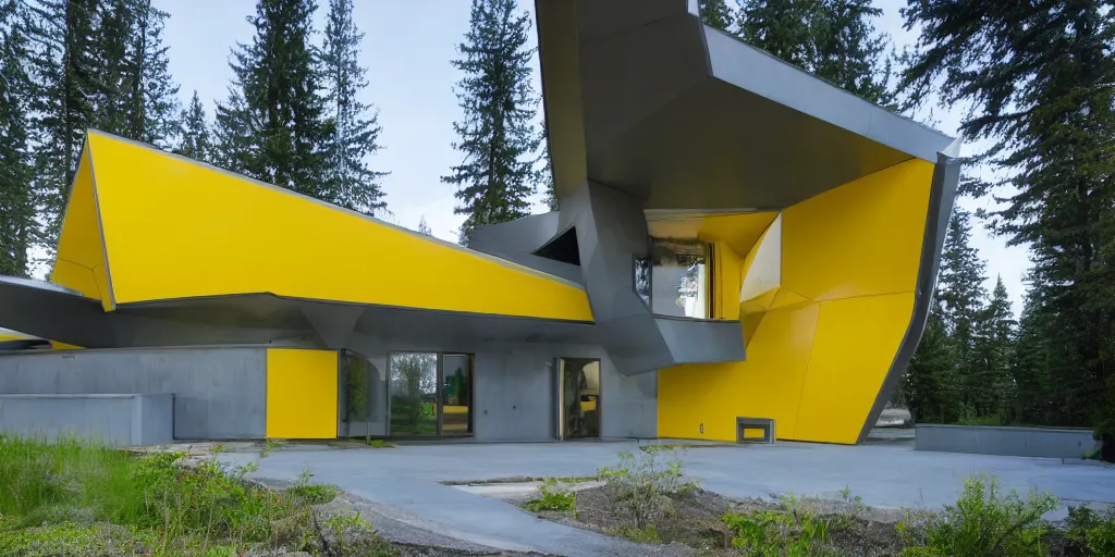 Prompt: large futuristic residence, gray concrete, yellow metal pipes, many large green windows, pacific northwest, triangular elements