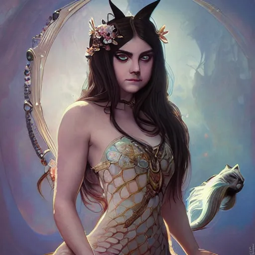 Image similar to Grumpy cat mermaid , intricate, elegant, highly detailed, digital painting, artstation, concept art, smooth, sharp focus, illustration, art by artgerm and greg rutkowski and alphonse mucha and francisco goya
