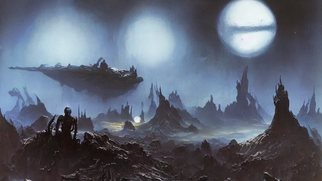 Image similar to surreal eerie alien planet empire, a creature emerges from the dark by frank frazetta and bruce pennington, cinematic matte painting