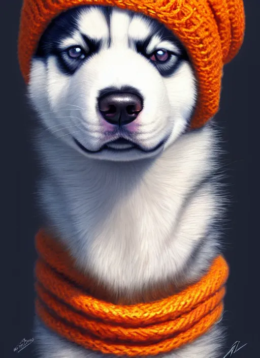 Prompt: symmetry!! portrait of husky puppy, sun glasses, orange beanie!, intricate, elegant, highly detailed, digital painting, artstation, concept art, smooth, sharp focus, illustration, art by artgerm and greg rutkowski and alphonse mucha, 8 k