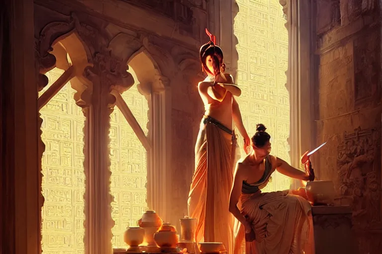 Image similar to temple, taoism, painting by greg rutkowski, j. c. leyendecker, artgerm