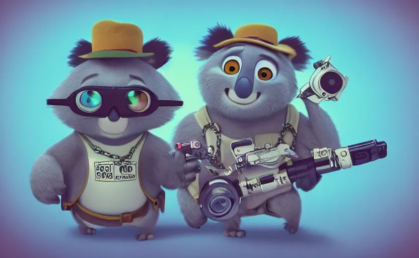Prompt: “ cute koala with very big eyes, wearing a bandana and chain, holding a laser gun, standing on a desk, digital art, award winning, in the style of the movie zootopia ”