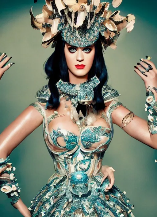 Image similar to katy perry styled by nick knight posing, full body shot, intricate headpiece, vogue magazine, canon, highly realistic. high resolution. highly detailed. dramatic. 8 k. 4 k.