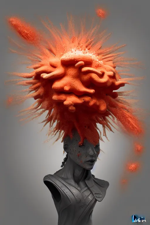 Image similar to sculpture made of coral exploding violently like nuclear blast exploding inside modern museum gallery, painting os on the wall, highly detailed, 3 d hyper realistic digital painting, artstation, concept art, smooth, sharp focus, illustration, art by ilja repin