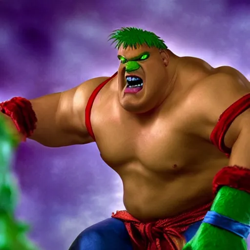 Image similar to Chris Farley as Blanka from Street Fighter ,photography, action shot