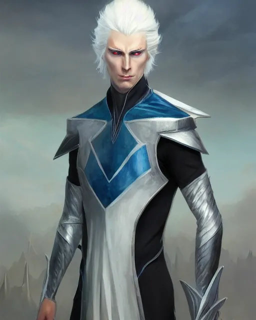 Image similar to character portrait of a slender young half white haired elven man with and piercing blue eyes and pale bluish skin, wearing sleek pearlescent black armor, by greg rutkowski and mark brookes and jim burns and tom bagshaw and magali villeneuve, trending on artstation