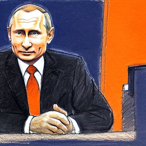 Image similar to a court sketch of vladimir putin in an orange jumpsuit