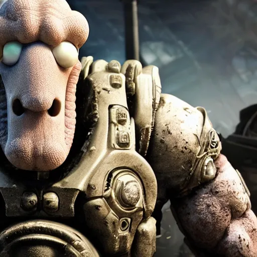 Image similar to squidward in gears of war, splash art, movie still, detailed face, photorealistic facial features, cinematic lighting, dramatic, octane render, long lens, shallow depth of field, bokeh, anamorphic lens flare, 8 k, hyper detailed, 3 5 mm film grain