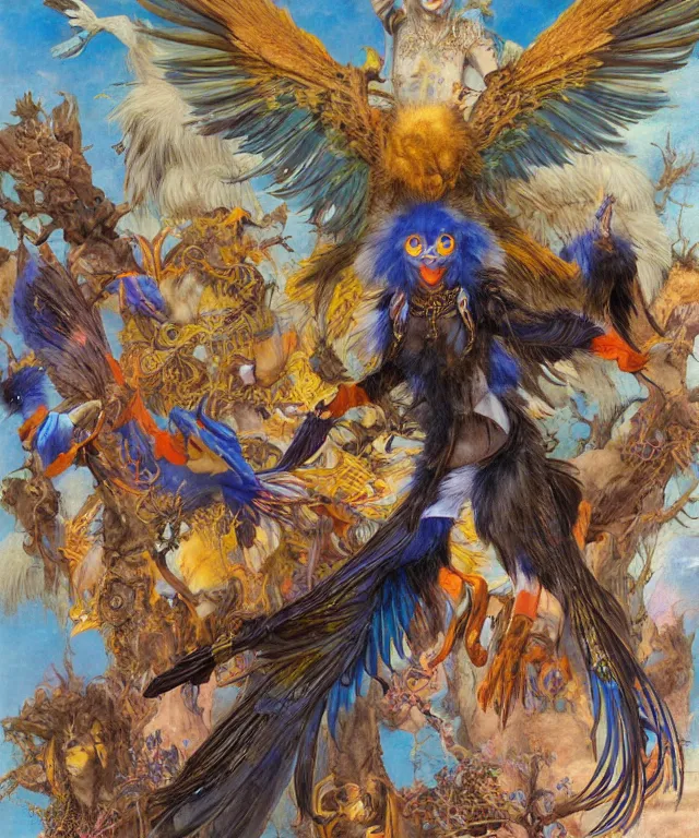 Prompt: a portrait photograph of a meditating fierce sadie sink as a colorful harpy bird super hero with blue fur. she is mutated and has alien skin grafts and cyborg body modifications. by donato giancola, hans holbein, walton ford, gaston bussiere, peter mohrbacher and brian froud. 8 k, cgsociety, fashion editorial