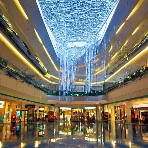 Image similar to photo of inside a shopping mall the inside is flooded with over 2 5 meters depth of water, highly detailed.