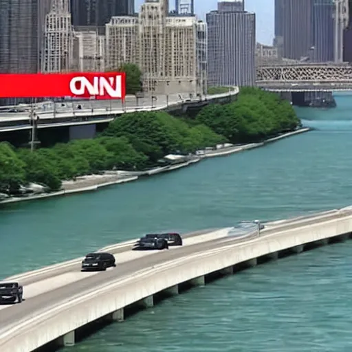 Prompt: live cnn footage of a katamari rolling down chicago's lake shore drive, 4 k screen capture