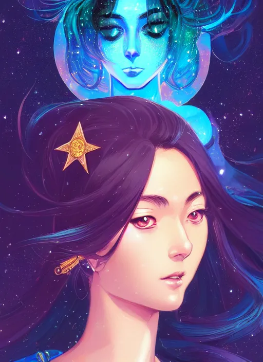 Image similar to a comic portrait of an cosmic goddess with starry hair, fine - face, realistic shaded perfect face, fine details, jewelry, night setting. very anime style. realistic shaded lighting poster by ilya kuvshinov katsuhiro, magali villeneuve, artgerm, jeremy lipkin and michael garmash, rob rey and kentaro miura style, trending on art station