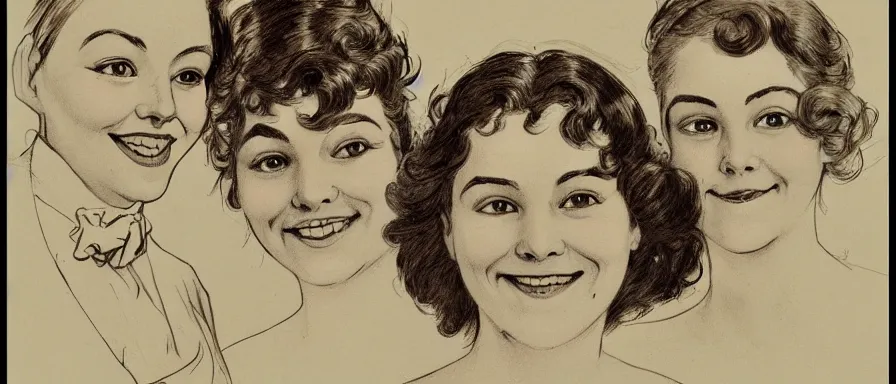 Prompt: three women, happy, smiling, art by Charles Dana Gibson, extremely detailed, beautiful, artstation