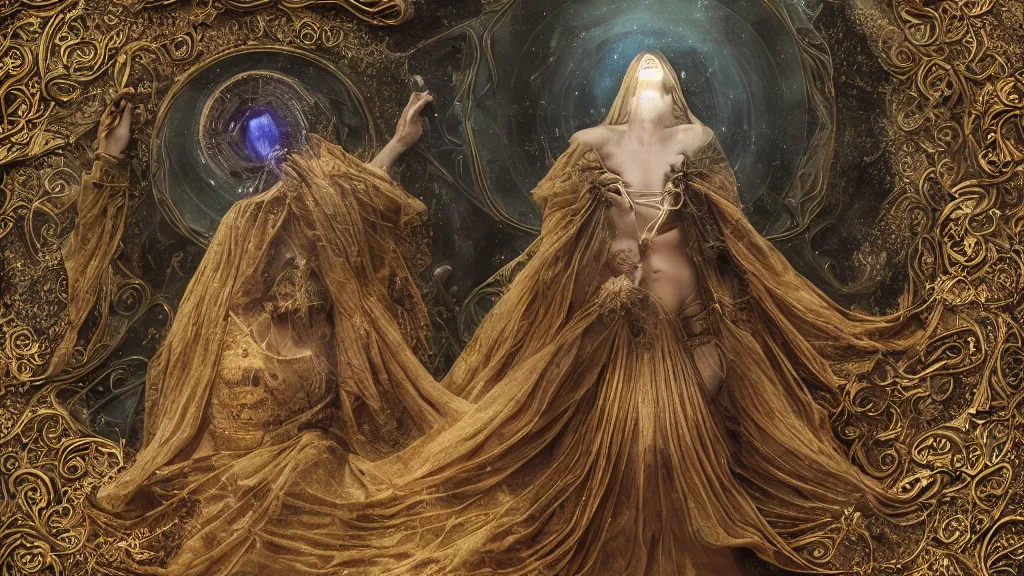 Image similar to whimsically designed pre-raphaelite dark cloaked divine missionary, symmetrical , before an orb of blue light, gold, rococo details, octane render, 4k post processing is very detailed, moody lighting, Maya+V-Ray +metal art+ extremely detailed, beautiful, unreal engine, lovecraft, Big Bang cosmology in LSD+IPAK,4K, beatiful art by Lêon François Comerre, ashley wood, craig mullins, ,outer space view, William-Adolphe Bouguereau, Rosette