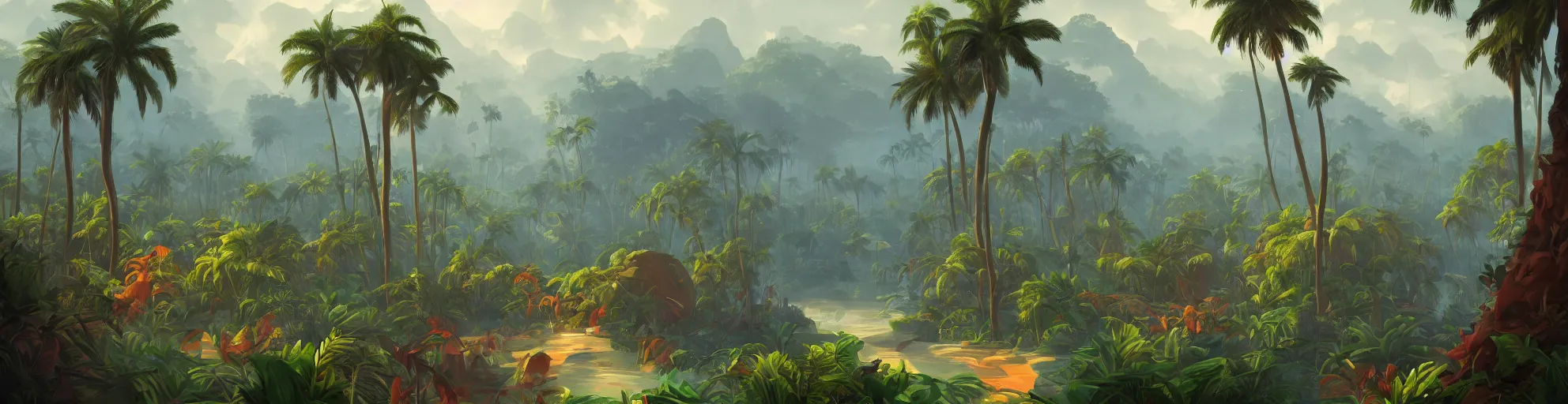 Prompt: Tropical jungle, trending on artstation, by Noah Bradley