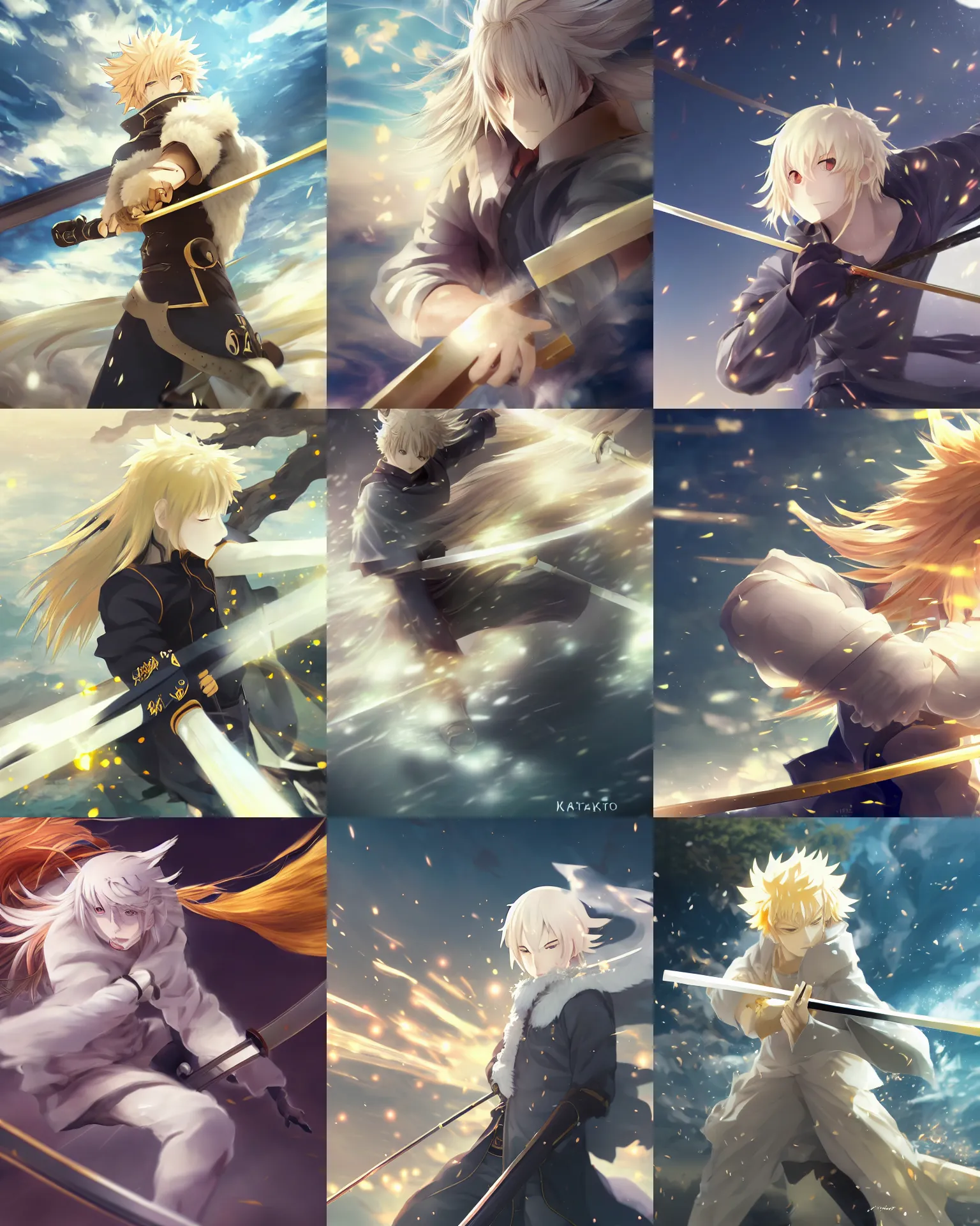 Prompt: art anime brave bear with white skin, katana in hand, golden hair blowing the wind, trending artistic art, dynamic photography, centered, fate zero, detailed face, extremely high detailed, bokeh color background, studio ghibly makoto shinkai yuji yamaguchi, wlop