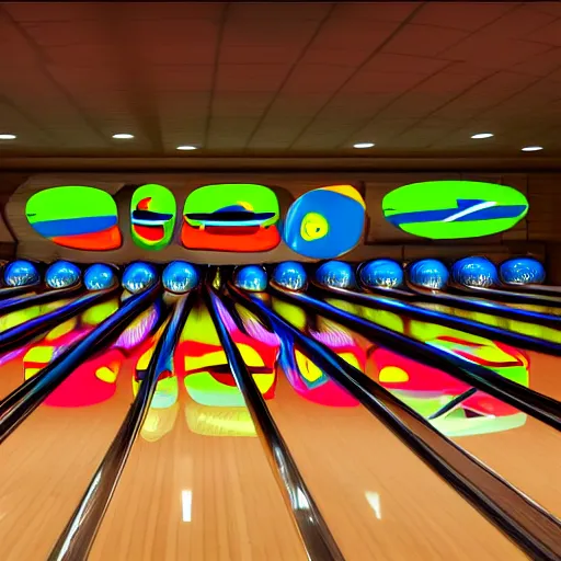 Image similar to Mike wazowski sat in a rack of bowling balls, at the bowling alley, middle lane, Pixar animation, soft lighting, 4k