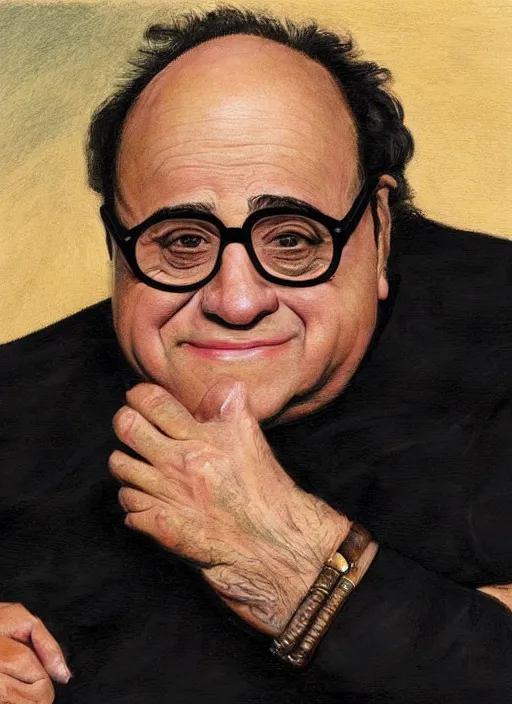 Prompt: danny devito sitting across the camera wearing a black choker staring into the camera, point of view, expensive restaurant, intricate, elegance, highly detailed, shallow depth of field, artgerm, donato giancola, joseph christian leyendecker