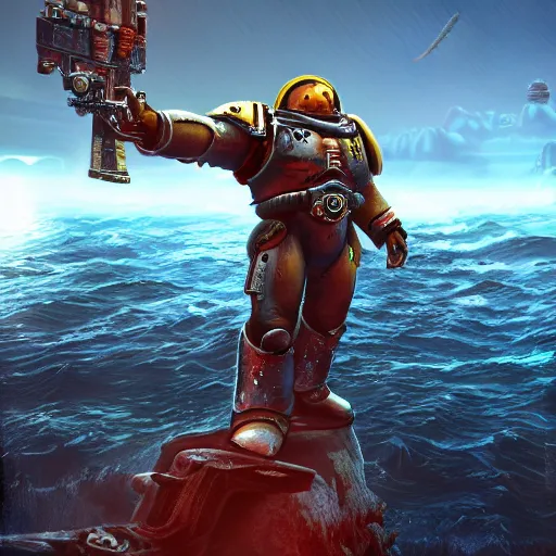 Image similar to a space marine standing on a ship in the oceans of an unknown alien world, award winning, trending on artstation, unreal engine