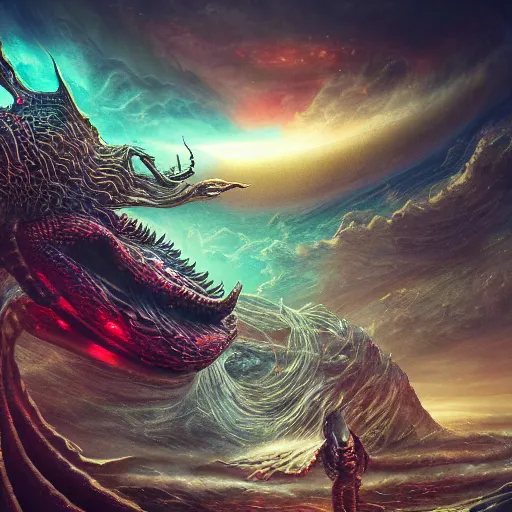 Image similar to jormungandr eating the world, iridescent, beautiful, technological, galactic, hyper-detailed, mega-detailed, realistic, cinematic, octane render, concept art, dark, cosmic, ominous, dramatic, lovecraftian, symmetric, swords, colorful and dark