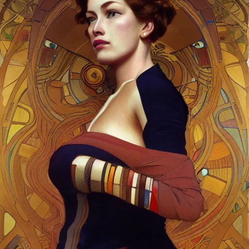 Image similar to modern woman | hyperrealistic | action pose | digital painting | trending on artstation | pinup portrait | clean | illustration | dressed | Unreal Engine 5 | 8k resolution | by Greg Rutkowski Alphonse Mucha Gustav Klimt and Mel Ramos