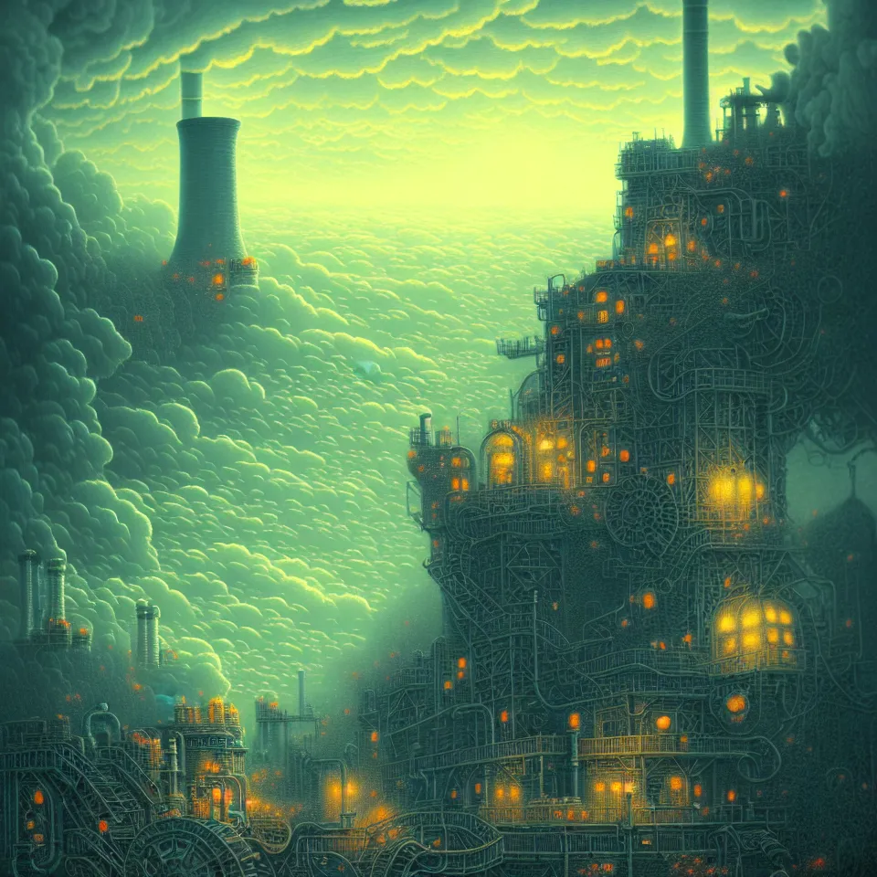 Prompt: a coal power plant spewing pollution in a stunning landscape by Joe Fenton, whimsical background by Thomas Kinkade, moody, dramatic, sharp, very detailed, intricate, wild, concept art, sharp focus, illustration, digital art, 8k, octane render, masterpiece, artstation, cgsociety, muted colors