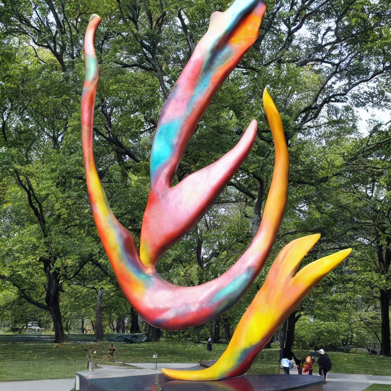 Prompt: Beautiful telephoto photograph of Monumental Sculpture of a Crab Claw made out of Plaster and prismatic watercolor sculpted by Helen Frankenthaler and Henry Moore on a pedestal in Central Park, bright colors! shocking detail trending on artstation