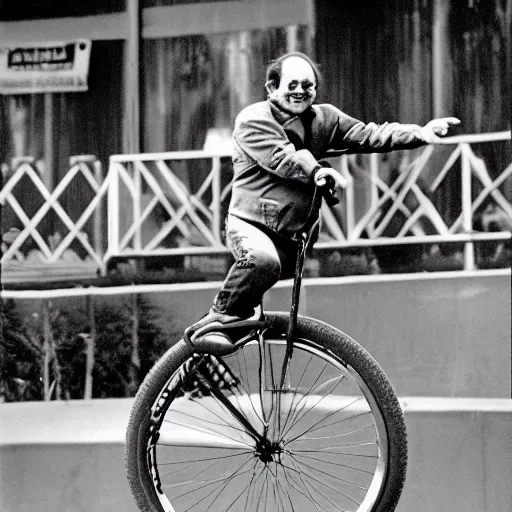 Image similar to george costanza riding a unicycle at x games magazine photo