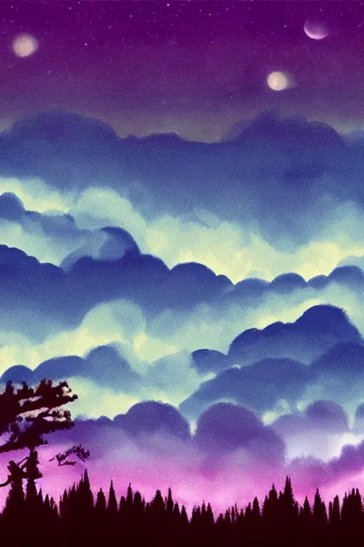 Prompt: matte painting layered night sky. Stars and a swirly starry night moon. pink and purple ombre puffy cotton candy clouds. Dark hills forest silhouette below. Cyril Roland