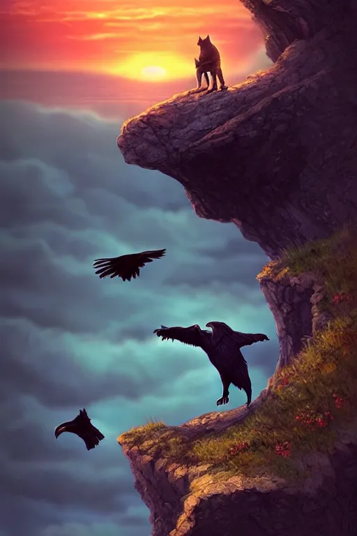 Image similar to elderly man falling off a cliff, tragic moment, 8 k, art by artgerm, award winning photo, sunset in background, wolfs growling on cliff edge, ravens in the sky, highly - detailed