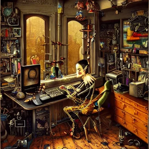 Prompt: goth guy sitting at computer in cluttered room, by michael hutter, aesthetic!!!, detailed, realistic, hyper realism, small details, goth aesthetic,