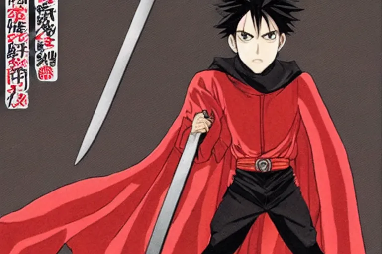 Prompt: a twin blade muscular swordsman, red and black cape and hoodie, scary, intimidating, worn out clothes, torn clothes, as a manga by Hirohiko Araki