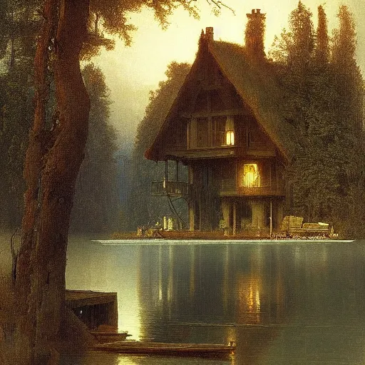 Prompt: a house on the lake, by raphael lacoste and albert bierstadt