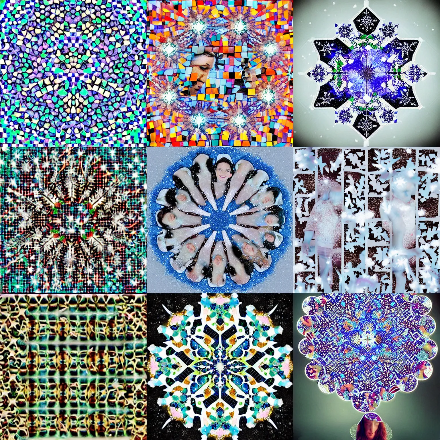 Prompt: surreal photography mosaic snowflakes with tiny faces. surreal photography